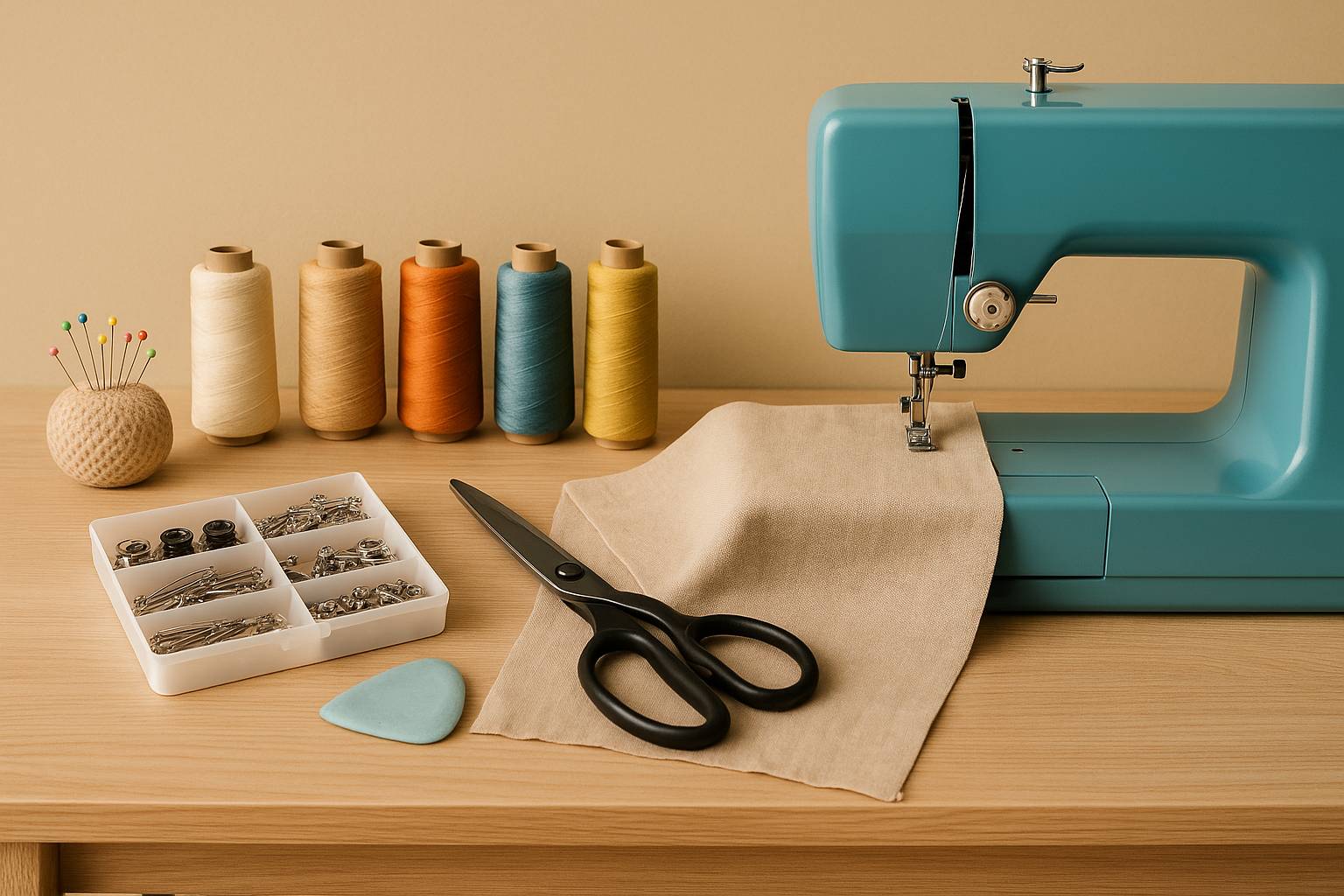 Sewing machine and colorful threads on a worktable