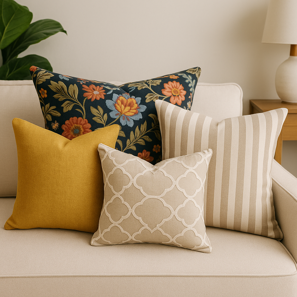 Custom decorative pillows arranged on a sofa