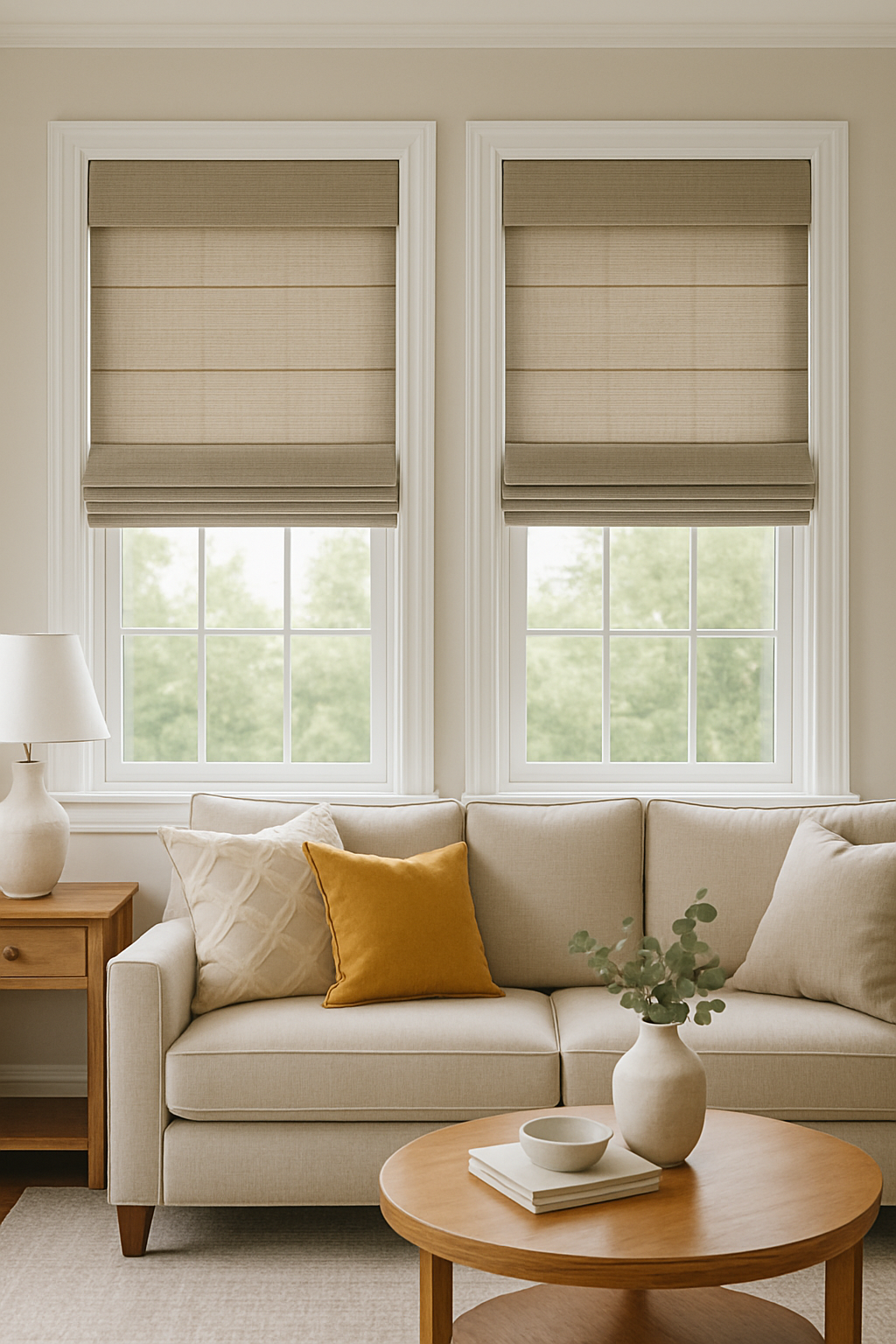 Roman shades above a living room sofa
